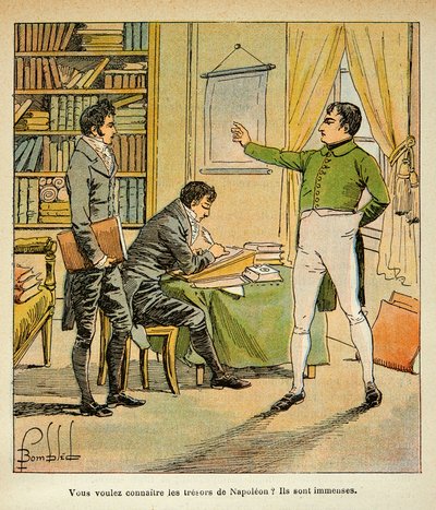 Ilustracja zbombardowanego Louisa (1862-1927) z książki „Memoriał św. Heleny” hrabiego Emmanuela de Las Cases (1766-1842): Napoleon dyktuje swoje pomniki w sprawach Las, kolekcja prywatna autorstwa Louis Charles Bombled