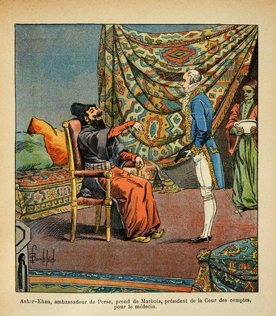 Zbombardowany Louis (1862-1927) przez Francois Barbe-Marbois, perskiego ambasadora Asker-Khan podczas wizyty w Paryżu (Beard Marbois) (1745-1837), prezydent autorstwa Louis Charles Bombled