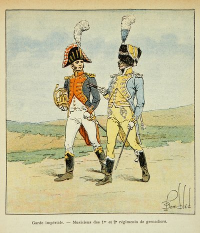 Ilustracja zbombardowanego Ludwika (1862-1927) z książki „Memoriał św. Heleny” hrabiego Emmanuela de Las Przypadki (1766-1842): Gwardia cesarska: Muzycy 1 i 2 pułków grenadierów, kolekcja prywatna autorstwa Louis Charles Bombled