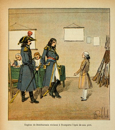 Ilustracja zbombardowanego Louisa (1862-1927) z książki „Memoriał św. Heleny” hrabiego Emmanuela de Las Cases (1766-1842): Eugene de Beauharnais (1781-1824) domaga się miecza swojego ojca w Bonaparte, kolekcja prywatna autorstwa Louis Charles Bombled