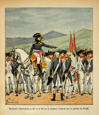 Ilustracja zbombardowanego Louisa (1862-1927) z książki „Memoriał św. Heleny” hrabiego Emmanuela de Las Cases (1766-1842): Bonaparte upomina 85 i 39 pułk Vaubois na płaskowyżu Rivoli, kolekcja prywatna autorstwa Louis Charles Bombled