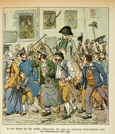 Ilustracja zbombardowanego Ludwika (1862-1927) z książki „Pamiątka św. Heleny” hrabiego Emmanuela de Las Cases (1766-1842): Po powrocie z Elby cesarz został przyjęty w faubourg Saint Antoine z niezrównanym entuzjazmem, Szczególna kolekcja autorstwa Louis Charles Bombled