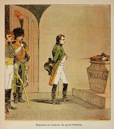 Ilustracja zbombardowanego Ludwika (1862-1927) z książki „Pomnik św. Heleny” hrabiego Emmanuela de Las Cases (1766-1842): Napoleon medytujący nad trumną Fryderyka II Pruskiego w krypcie GarnisonKirche w Poczdamie w 1806, prywatna kolekcja autorstwa Louis Charles Bombled