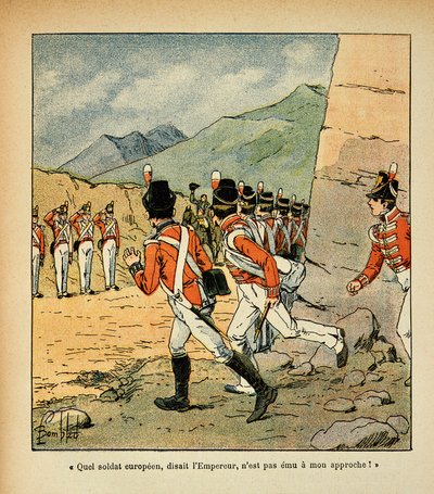 Ilustracja zbombardowanego Ludwika (1862-1927) z książki „Pomnik św. Heleny” hrabiego Emmanuela de Las Cases (1766-1842): wita cesarza Napoleona przez garnizon św. Heleny, zbiory prywatne autorstwa Louis Charles Bombled