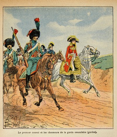 Ilustracja zbombardowanego Louisa (1862-1927) z książki „The Memorial se Sainte Helene” hrabiego Emmanuela de Las Cases (1766-1842): The First Consul and Hunters of the Consular Guard, Private Collection autorstwa Louis Charles Bombled