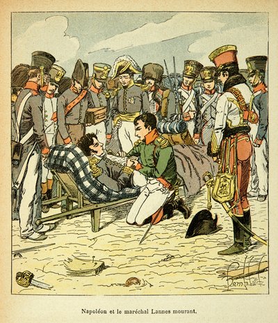 Ilustracja zbombardowanego Louisa (1862-1927) z książki „The memorial se Sainte Helene” hrabiego Emmanuela de Las Cases (1766-1842): Śmierć Marechala Jeana Lannesa (1769-1809), Cesarz Napoleon ma swoje Cotes, szeregowiec Kolekcja autorstwa Louis Charles Bombled