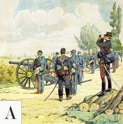 Litera A: Kanonierzy, „Je serai soldat”( Będę żołnierzem) - Alfabet wojskowy autorstwa Louis Charles Bombled
