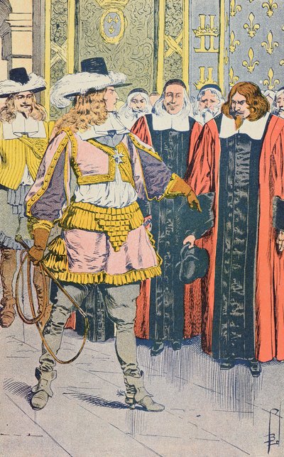 Ludwik XIV z wizytą we francuskim parlamencie, ilustracja z „Histoire de France” Julesa Micheleta, ok. 1900 autorstwa Louis Charles Bombled