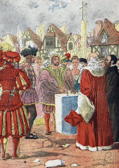 Pozowanie przez króla Francji Franciszka I z pierwszego kamienia Hotelu de Ville de Paris narysowanego przez włoskiego architekta Boccadora autorstwa Louis Charles Bombled