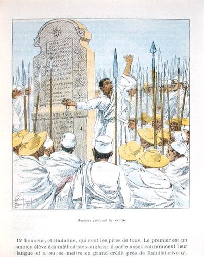 Czarownicy głoszący bunt przeciwko Francji po francuskiej okupacji Madagaskaru w 1895 r., ilustracja z „La guerre a Madagascar” D.H.Galli, koniec XIX wieku (kolor lito) autorstwa Louis Charles Bombled