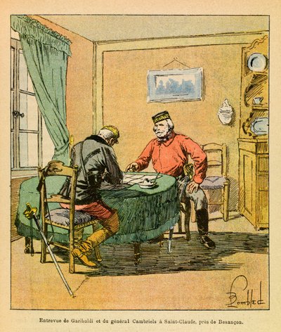 Wschodnia Armia Eugeniusza Sierżanta, dit Grenest, zilustrowana przez Louisa Bombleda (1862-1927) (Wojna francusko-niemiecka; kampania 1870-1871): Wywiad z Garibaldim i generałem Cambrielsem w Saint Claude koło Besancon, październik 1870, kolekcja prywatna autorstwa Louis Charles Bombled