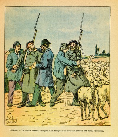 Wschodnia Armia Eugeniusza Sierżant, dit Grenest, zilustrowana przez Louisa Bombleda (1862-1927) (Wojna francusko-niemiecka; kampania 1870-1871): Martin mobile, przebrany za chłopa, zabrał stado owiec prowadzone przez dwóch Prusaków do Langres w listopadzi autorstwa Louis Charles Bombled