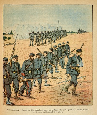 Wschodnia Armia Eugeniusza Sierżanta, znana jako Grenest, zilustrowana przez Louisa Bombleda (1862-1927) (Wojna francusko-niemiecka; kampania 1870-1871): W Provencheres mobilizacja 2. Legionu Górnej Marny zmusiła liczba wrogów autorstwa Louis Charles Bombled