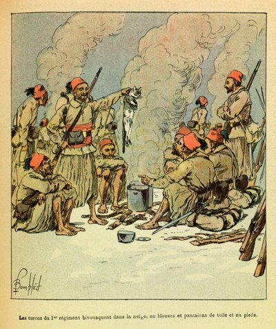 Wschodnia Armia Eugeniusza Sierżanta, znana jako Grenest, zilustrowana przez Louisa Bombleda (1862-1927) (Wojna francusko-niemiecka; kampania 1870-1871): styczeń 1871, Turcy z 1 pułku biwakowali na śniegu, w bluzach i spodnie z płótna i gołej opłaty autorstwa Louis Charles Bombled