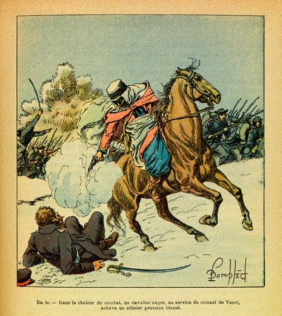 Wschodni Armee Eugeniusza Sierżant, znany jako Grenest, zilustrowany przez Louisa Bombleda (1862-1927) (Wojna francusko-niemiecka; kampania 1870-1871): styczeń 1871, czarny jeździec w służbie pułkownika De Vezeta kończy pruski oficer ranny, Kolekcja Pa autorstwa Louis Charles Bombled