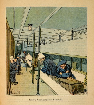 Wojna na Madagaskarze-Anegdota Historia francuskich ekspedycji 1885-1895 Henri Galli dit Galllichet (1854-1922), ilustracja Louis Bombled (1862-1927): Wnętrze statku szpitalnego repatriującego chorych żołnierzy, Kolekcja prywatna autorstwa Louis Charles Bombled