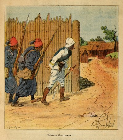 Wojna na Madagaskarze – anegdotyczna historia francuskich ekspedycji z lat 1885-1895 Henri Galli dit Galllichet (1854-1922), zilustrowana przez Louisa Bombleda (1862-1927): wojska francuskie wkroczyły do wioski Mevatanana w 1895 r., zbiory prywatne autorstwa Louis Charles Bombled