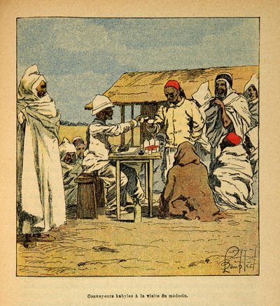 Wojna na Madagaskarze-Anegdota Historia francuskich ekspedycji 1885-1895 Henri Galli dit Galllichet (1854-1922), ilustracja Louis Bombled (1862-1927): Convoyeurs Kabiles wizyta lekarza wojskowego, zbiory prywatne autorstwa Louis Charles Bombled