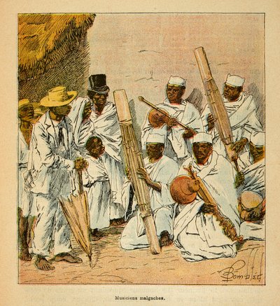 Wojna na Madagaskarze-Anegdota Historia francuskich ekspedycji 1885-1895 Henri Galli dit Galllichet (1854-1922), ilustracja Louis Bombled (1862-1927): Madagaskarscy muzycy w XIX wieku, kolekcja prywatna autorstwa Louis Charles Bombled