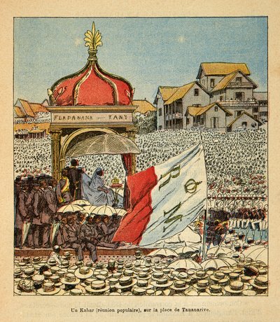Wojna na Madagaskarze – anegdotyczna historia francuskich ekspedycji z lat 1885-1895 Henri Galli dit Galllichet (1854-1922), zilustrowana przez Louisa Bombleda (1862-1927): Kabar (spotkanie ludowe) na placu Tananarive w XIX wieku w obecność Qu autorstwa Louis Charles Bombled