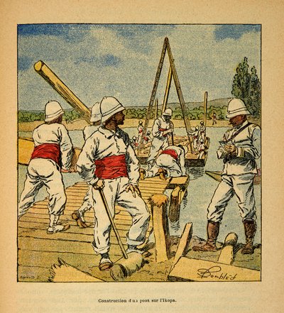 The War in Madagascar-Anecdotal History of the French Expeditions of 1885-1895 autorstwa Henri Galli dit Galllichet (1854-1922), ilustrowana przez Louis Bombled (1862-1927): Budowa mostu przez dżina na rzece Ikopa w 1895 r., kolekcja prywatna autorstwa Louis Charles Bombled