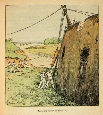 The War in Madagascar-Anecdotal History of the French Expeditions of 1885-1895 autorstwa Henri Galli dit Galllichet (1854-1922), ilustrowana przez Louis Bombled (1862-1927): Uzbrojenie fortu w Tamatave przez wojska francuskie w 1895 r., kolekcja prywatna autorstwa Louis Charles Bombled