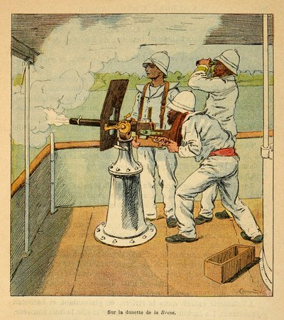 Wojna na Madagaskarze – anegdotyczna historia francuskich ekspedycji z lat 1885-1895 Henri Galli dit Galllichet (1854-1922), ilustrowana przez Louisa Bombleda (1862-1927): Działo wystrzelone na Hovas na pokładzie kanonierki „La Brave” w 1895 r., Kolekcja p autorstwa Louis Charles Bombled