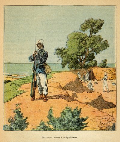 Wojna na Madagaskarze-Anegdota Historia francuskich ekspedycji 1885-1895 Henri Galli dit Galllichet (1854-1922), ilustracja Louis Bombled (1862-1927): francuska placówka w Diego-Suarez na Madagaskarze w 1885, zbiory prywatne autorstwa Louis Charles Bombled