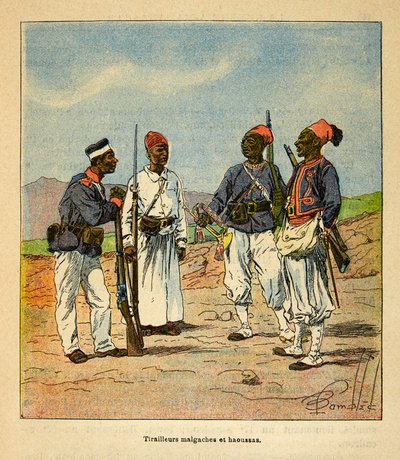 Wojna na Madagaskarze – anegdotyczna historia francuskich ekspedycji 1885-1895 Henri Galli dit Galllichet (1854-1922), ilustracja Louis Bombled (1862-1927): malgaski i Haoussas Tirailleurs, kolekcja prywatna autorstwa Louis Charles Bombled