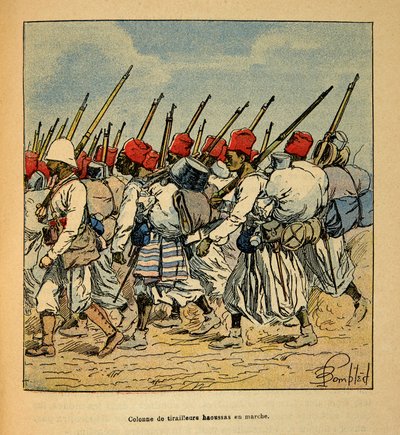 The War in Madagascar-Anecdotal History of the French Expeditions of 1885-1895 autorstwa Henri Galli dit Galllichet (1854-1922), ilustrowana przez Louis Bombled (1862-1927): Kolumna tirailleurs z Haoussas maszerująca w 1895 r., kolekcja prywatna autorstwa Louis Charles Bombled