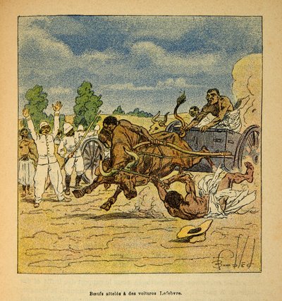 Wojna na Madagaskarze-Anegdota Historia francuskich ekspedycji 1885-1895 Henri Galli dit Galllichet (1854-1922), ilustracja Louis Bombled (1862-1927): Boeufs dojechać samochodami Lefebvre, kolekcja prywatna autorstwa Louis Charles Bombled