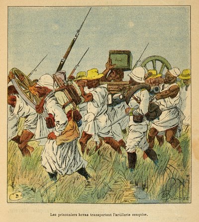د ماداګاسکر جګړه - د 1885-1895 د فرانسوي عملیاتو تاریخي تاریخ د هینري ګیلي ډیټ ګیلیچټ (1854-1922) لخوا، د لویس بمبلډ (1862-1927) لخوا انځور شوی: بندیان هووس د توپخانې د ټوټو د لیږدولو لپاره کارولې. autorstwa Louis Charles Bombled