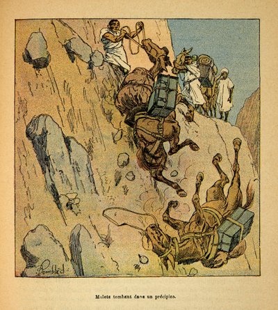 Wojna na Madagaskarze-Anegdota Historia francuskich ekspedycji 1885-1895 Henri Galli dit Galllichet (1854-1922), ilustracja Louis Bombled (1862-1927): Mulety konwoju wojskowego spadającego w przepaść, Zbiór szczególny autorstwa Louis Charles Bombled