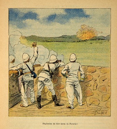 Wojna na Madagaskarze – anegdotyczna historia francuskich ekspedycji z lat 1885-1895 Henri Galli dit Galllichet (1854-1922), ilustracja Louis Bombled (1862-1927): Eksplozja fortu Hova w Farafate w 1895 r., zbiory prywatne autorstwa Louis Charles Bombled