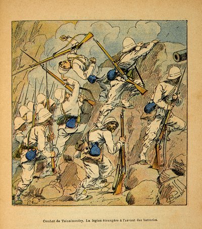 Wojna na Madagaskarze-Anegdota Historia francuskich ekspedycji z lat 1885-1895 Henri Galli dit Galllichet (1854-1922), zilustrowana przez Louisa Bombleda (1862-1927): Bitwa pod Cynainondry, obcy legion podczas ataku na baterie Hovas w 1895 r. Pr autorstwa Louis Charles Bombled