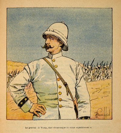 Wojna na Madagaskarze-Anegdota Historia francuskich ekspedycji 1885-1895 Henri Galli dit Galllichet (1854-1922), ilustracja Louis Bombled (1862-1927): Portret generała De Torcy (1844-1918), szefa sztabu Oddziału Ekspedycyjnego w Madag autorstwa Louis Charles Bombled
