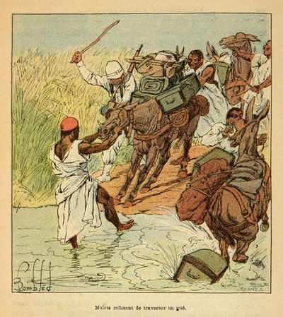 Wojna na Madagaskarze – anegdotyczna historia francuskich ekspedycji z lat 1885-1895 Henri Galli dit Galllichet (1854-1922), zilustrowana przez Louisa Bombleda (1862-1927): Mulety odmawiające przekroczenia granicy podczas francuskiej ekspedycji na Madagask autorstwa Louis Charles Bombled