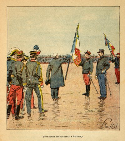 Wojna na Madagaskarze-Anegdotyczna historia francuskich ekspedycji z lat 1885-1895 Henri Galli dit Galllichet (1854-1922), zilustrowana przez Louisa Bombleda (1862-1927): Dystrybucja flag w Sathonay żołnierzom wyruszającym na Madagaskar w 1895 roku prasa autorstwa Louis Charles Bombled