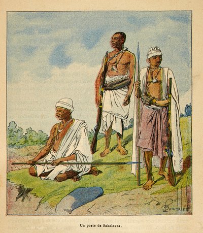 Wojna na Madagaskarze – anegdotyczna historia francuskich ekspedycji z lat 1885-1895 Henri Galli dit Galllichet (1854-1922), ilustracja Louis Bombled (1862-1927): Wojownik Sakalavas, kolekcja prywatna autorstwa Louis Charles Bombled