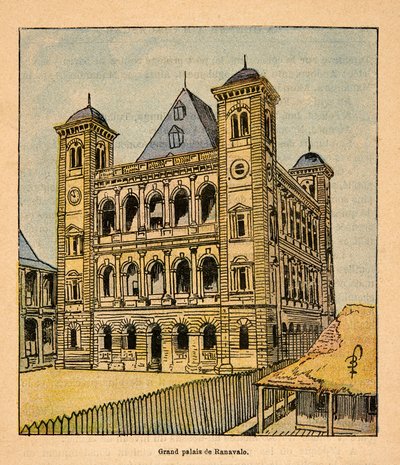Wojna na Madagaskarze – anegdotyczna historia francuskich ekspedycji z lat 1885-1895 Henri Galli dit Galllichet (1854-1922), ilustracja Louis Bombled (1862-1927): Wielki Pałac królowej Ranavalona III w Tananarive, kolekcja prywatna autorstwa Louis Charles Bombled