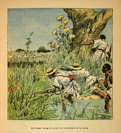 Wojna na Madagaskarze-Anegdota Historia francuskich ekspedycji 1885-1895 Henri Galli dit Galllichet (1854-1922), ilustrowana przez Louisa Bombleda (1862-1927): Hovas Tirailleurs atakujący wojsko budujące drogę w 1895 r., Zbiory prywatne autorstwa Louis Charles Bombled
