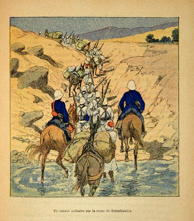 Wojna na Madagaskarze – anegdotyczna historia francuskich ekspedycji z lat 1885-1895 Henri Galli dit Galllichet (1854-1922), ilustracja Louis Bombled (1862-1927): konwój wojskowy na drodze do Suberbieville w 1895 r., zbiory prywatne autorstwa Louis Charles Bombled
