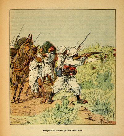 Wojna na Madagaskarze-Anegdota Historia francuskich ekspedycji 1885-1895 Henri Galli dit Galllichet (1854-1922), ilustracja Louis Bombled (1862-1927): Atak konwoju wojskowego przez Fahavolos, kolekcja prywatna autorstwa Louis Charles Bombled
