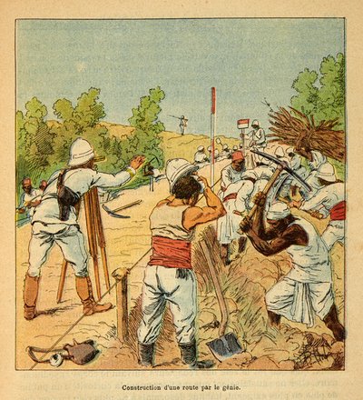 Wojna na Madagaskarze-Anegdota Historia francuskich ekspedycji 1885-1895 Henri Galli dit Galllichet (1854-1922), ilustracja Louis Bombled (1862-1927): Budowa drogi na Madagaskarze przez Genie w 1895, zbiory prywatne autorstwa Louis Charles Bombled