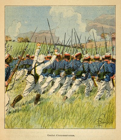 Wojna na Madagaskarze-Anegdota Historia francuskich ekspedycji 1885-1895 Henri Galli dit Galllichet (1854-1922), ilustracja Louis Bombled (1862-1927): wojska francuskie podczas bitew pod Antanamitaraną w 1895 r., zbiory prywatne autorstwa Louis Charles Bombled