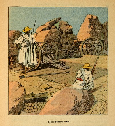 Wojna na Madagaskarze-Anegdota Historia francuskich ekspedycji 1885-1895 Henri Galli dit Galllichet (1854-1922), ilustrowana przez Louisa Bombleda (1862-1927): Retrenchment of Hovas wojska w 1895 roku w Tananarive, kolekcja prywatna autorstwa Louis Charles Bombled