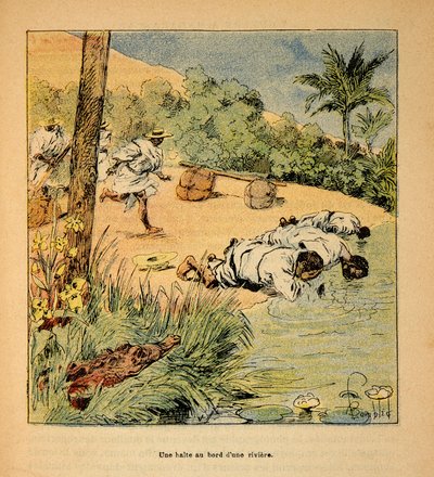 Wojna na Madagaskarze – anegdotyczna historia francuskich ekspedycji z lat 1885-1895 Henri Galli dit Galllichet (1854-1922), ilustracja Louis Bombled (1862-1927): Postój nad rzeką w 1895 r., Kolekcja prywatna autorstwa Louis Charles Bombled