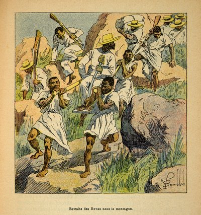 Wojna na Madagaskarze – anegdotyczna historia francuskich ekspedycji z lat 1885-1895 Henri Galli dit Galllichet (1854-1922), ilustracja Louis Bombled (1862-1927): Retreat of Hovas Troops in the Mountains, kolekcja prywatna autorstwa Louis Charles Bombled