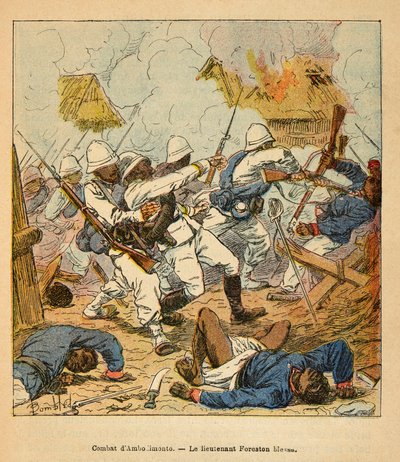 The War in Madagascar-Anecdotal History of the French Expeditions of 1885-1895 autorstwa Henri Galli dit Galllichet (1854-1922), ilustrowana przez Louis Bombled (1862-1927): Rany porucznika Forestona podczas walk pod Ambolomonty w 1895 r., kolekcja prywatn autorstwa Louis Charles Bombled