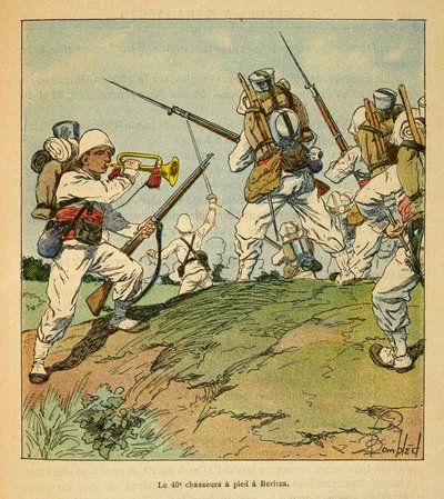 Wojna na Madagaskarze-Anegdota Historia francuskich ekspedycji z lat 1885-1895 Henri Galli dit Galllichet (1854-1922), ilustr. Louis Bombled (1862-1927): 40. Myśliwi pieszo podczas walk w Beritza w 1895 r., Szeregowy Kolekcja autorstwa Louis Charles Bombled